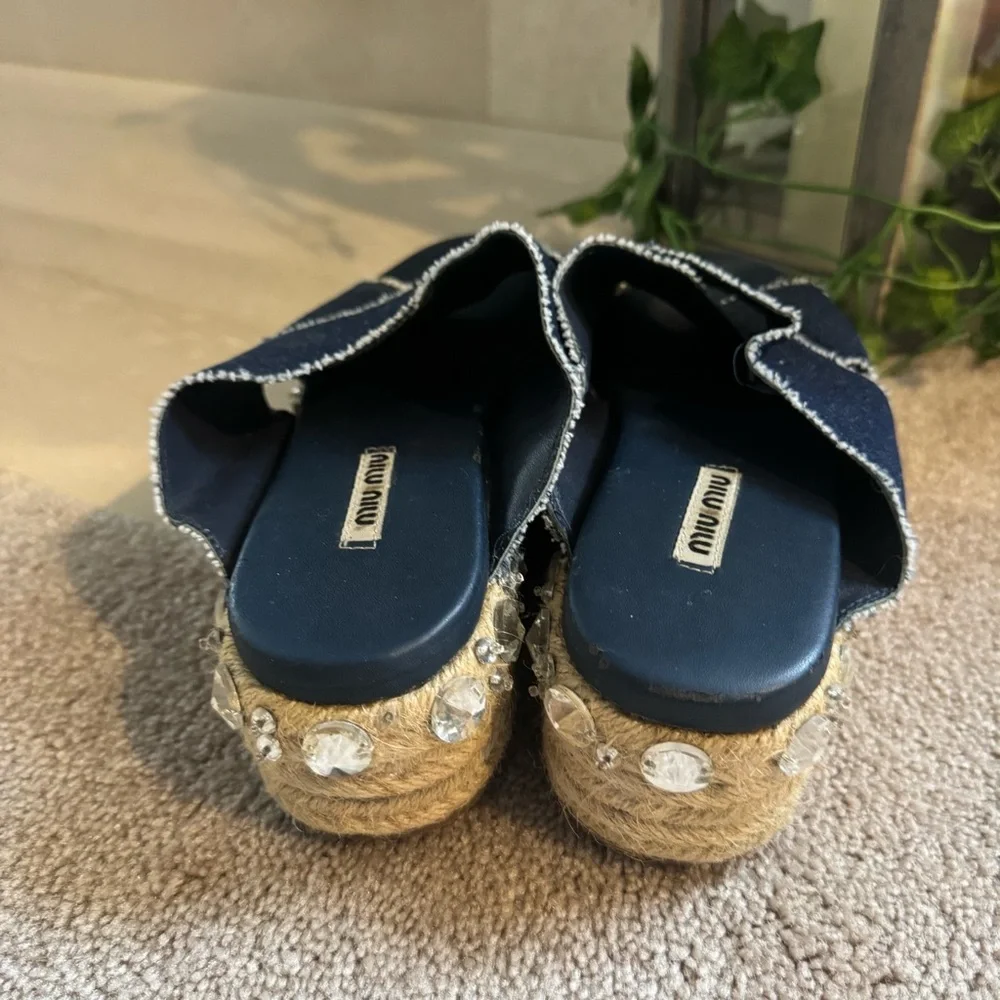 Miu Miu Criss Cross Jeweled Blue Y2K Denim Platform Sandals
